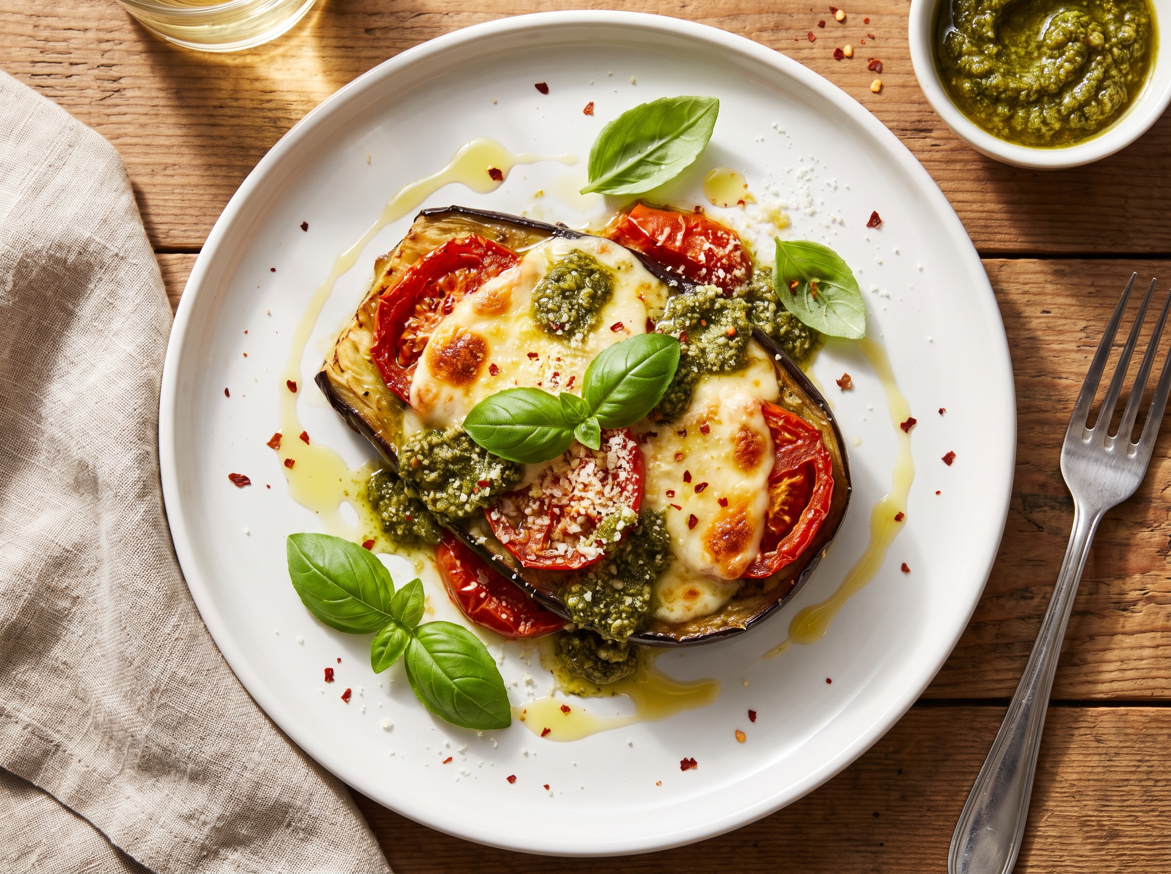 Cheesy Baked Eggplant with Pesto
